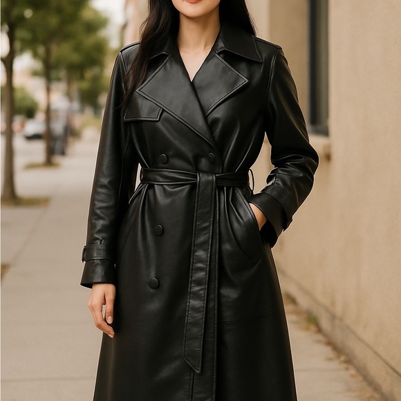 Good American Sleek Black Faux Leather Vegan Lined Trench Coat Sz S/M New WOT - Picture 1 of 9